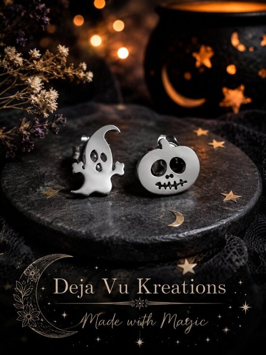 Deja Vu Kreations Jewelry - Silver Stainless Steel Mismatched Jack-O-Lantern and Ghost Earrings